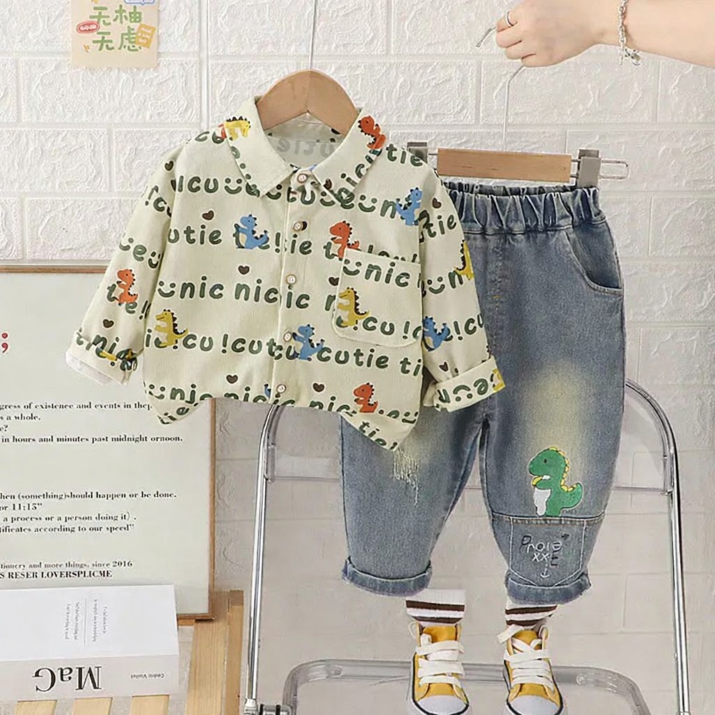 Dinosaur Print Shirt & Denim Pants Set