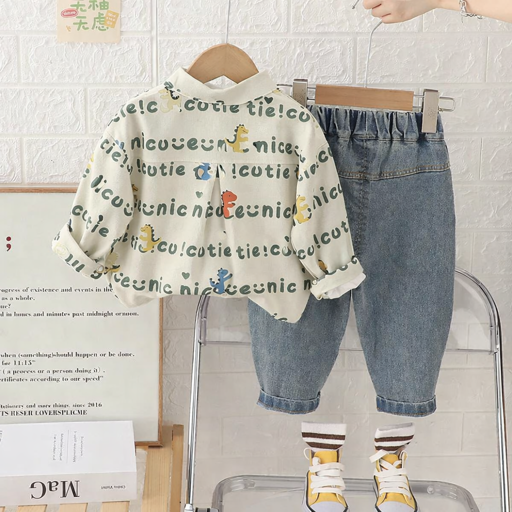 Dinosaur Print Shirt & Denim Pants Set